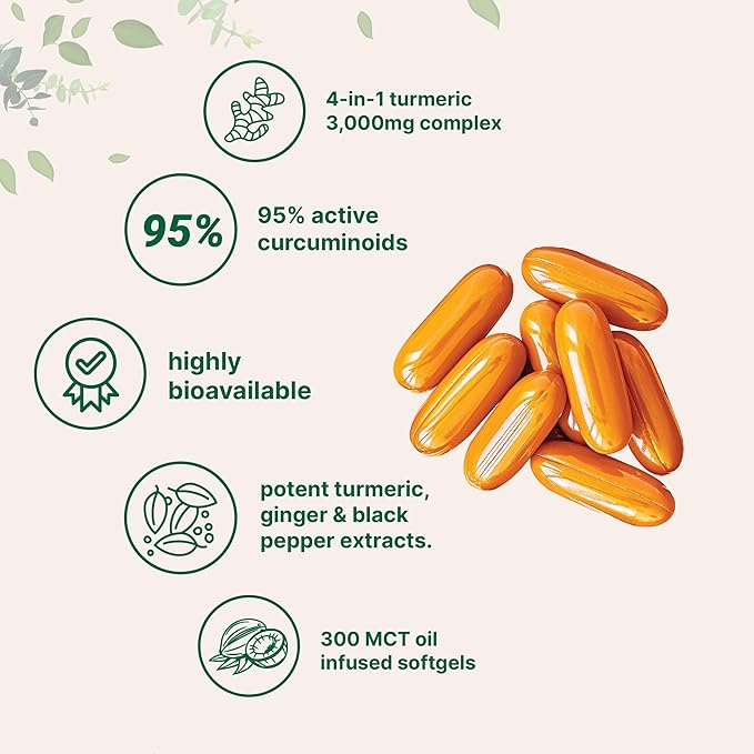 Turmeric Curcumin Supplement with Black Pepper & Ginger 3,000mg, 300 MCT Oil Softgels | 95%