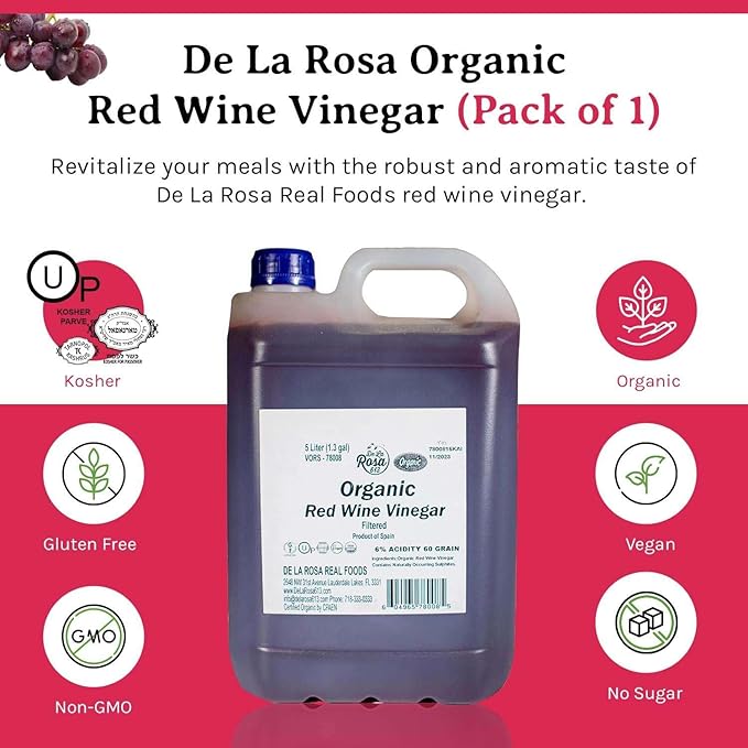 De La Rosa Organic Red Wine Vinegar, Filtered, Kosher for Passover, Vegan, Non-GMO & Gluten Free