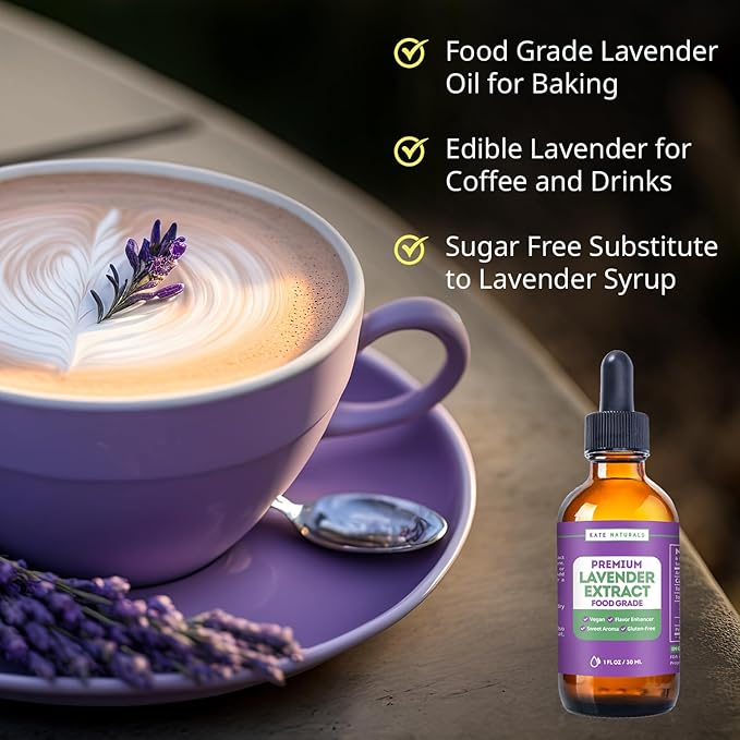 Kate Naturals Lavender Extract for Baking, Drinks, Coffee, Lattes. Food Grade Lavender Oil for