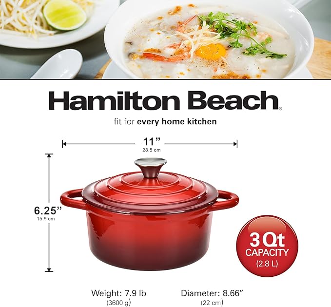 Hamilton Beach 3-Quart Enameled Cast Iron Dutch Oven with Lid | Heavy-Duty Pot for Braising