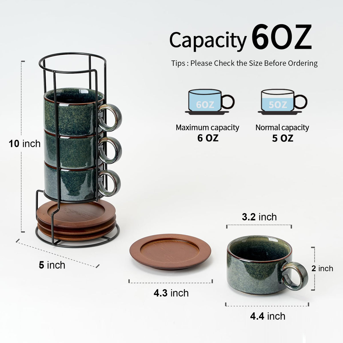 LUKA 6 Ounce Porcelain Stackable Espresso Cups with Saucers and Metal Stand Set of 4, Ceramic