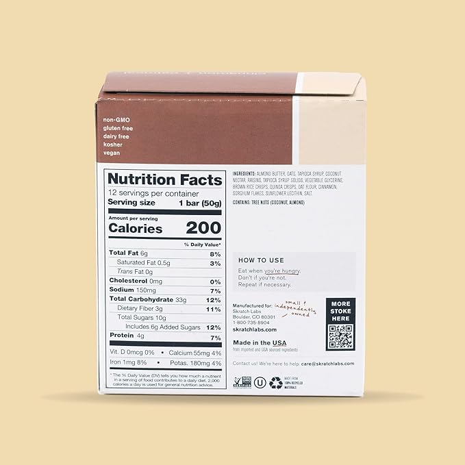 Skratch Labs Energy Bar | Cinnamon + Oatmeal (12 Pack) | Plant Based Healthy Snack | Low Sugar - 5g