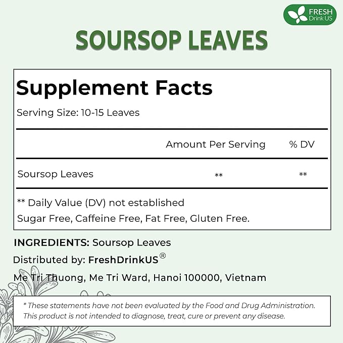 FreshDrinkUS, 240+ Premium Soursop Graviola Dried Leaves Tea, 230-250 Whole Soursop Leaves