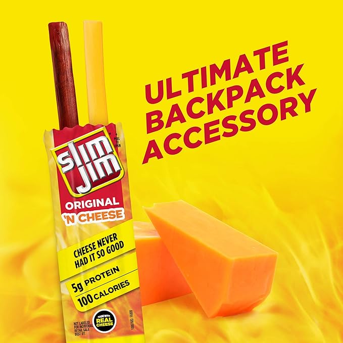 Slim Jim Beef 'N Cheese Smoked Meat Sticks, Original Flavor, 5g Protein Per Serving, Snack Size