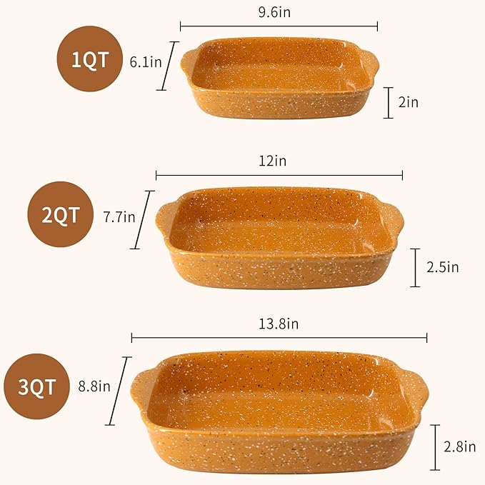 Ceramic Baking Dish Set of 3, Casserole for Oven,Rectangular Bakeware Dishes with Handles,Lasagna