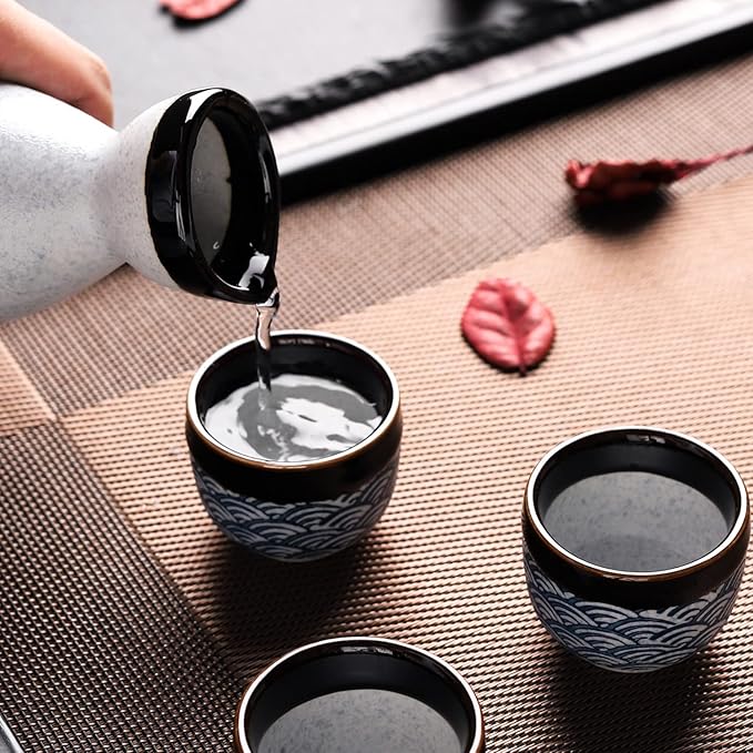 Sake Set Ceramic Japanese Sake Set of 7 include 1 Sake bottle 6 Sake Cups for Hot or Cold Sake at