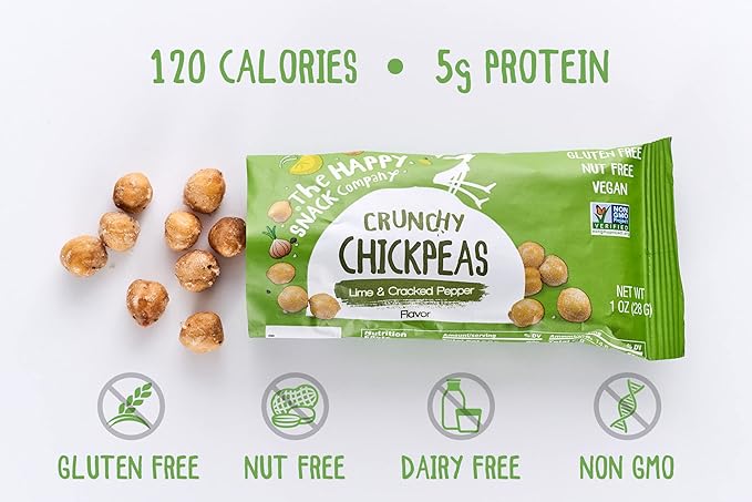 The Happy Snack Company Crunchy Chickpeas Lime & Cracked Pepper 24 x 1 oz. 5g Plant Based Protein &