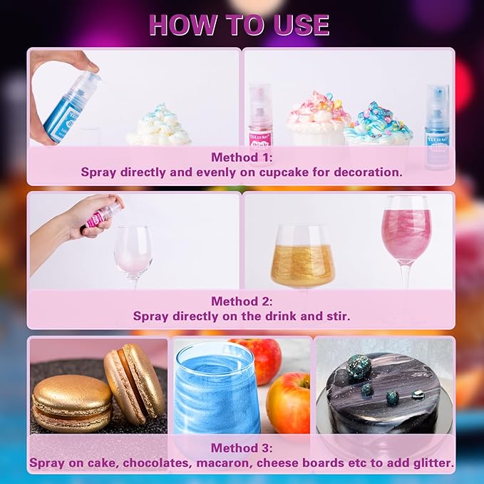 Edible Glitter Spray - 4 Color Edible Glitter for Drinks, Food Grade Edible Luster Dust, Cake