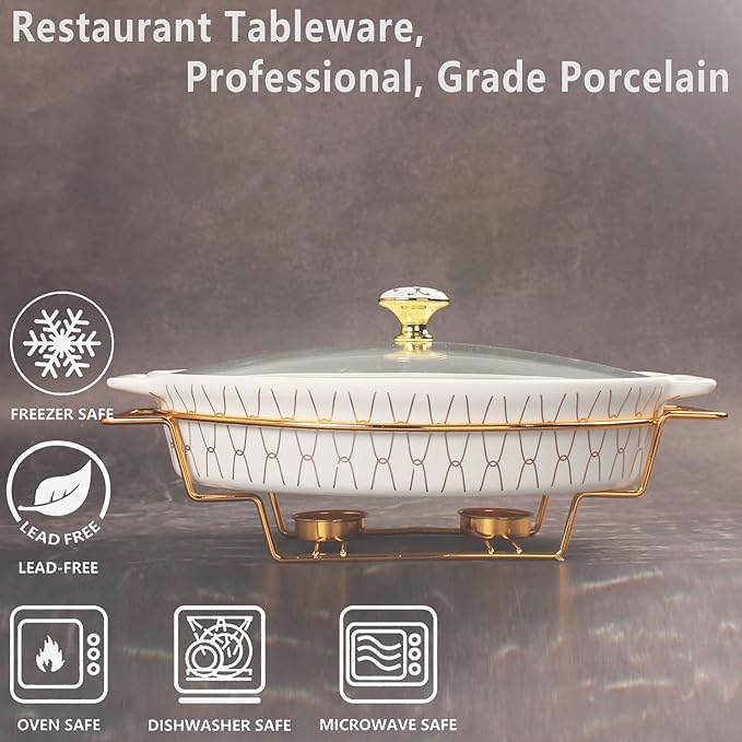 12" x 8" Ceramic Oval Casserole Dish with Glass Lid and rack, 54 ounce Serving Soup Tureen,Chafing
