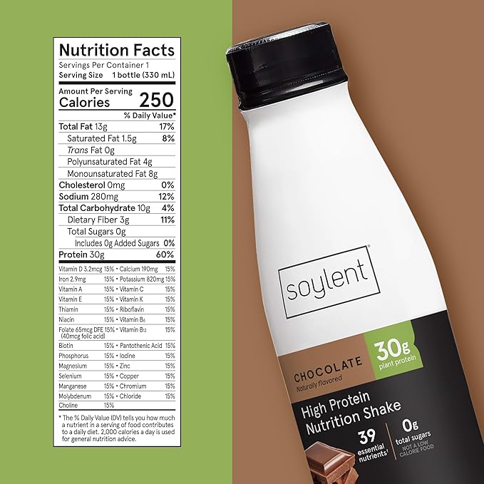 Soylent Complete Protein Shake, Chocolate, 30g Protein, Vegan, Dairy Free and 0g Sugar, Ready to