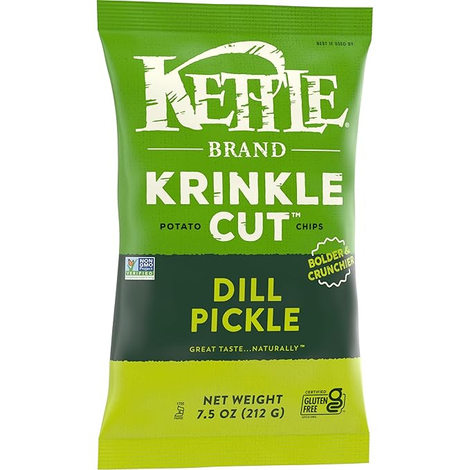 Kettle Brand Potato Chips, Krinkle Cut, Dill Pickle Kettle Chips, 7.5 Oz (Pack of 12)