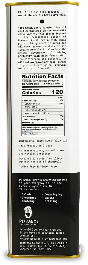 P.J. KABOS 2024/25 Harvest, Everyday Greek Extra Virgin Olive Oil, Kosher, Greece, Cold Extracted