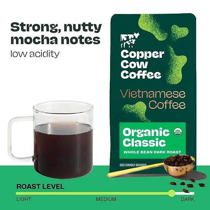 Copper Cow Premium Vietnamese Whole Bean, 12 OZ | Organic Classic Coffee | Dark Roast | Vietnamese