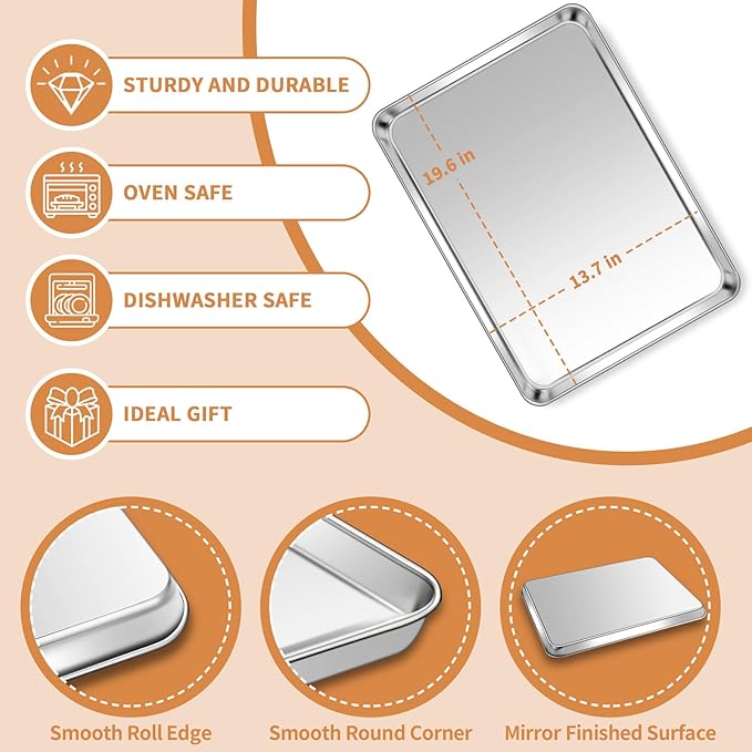 Stainless Steel Baking Sheet Set of 2, Deedro Cookie Sheet Metal Baking Pan Oven Tray, Non Toxic &