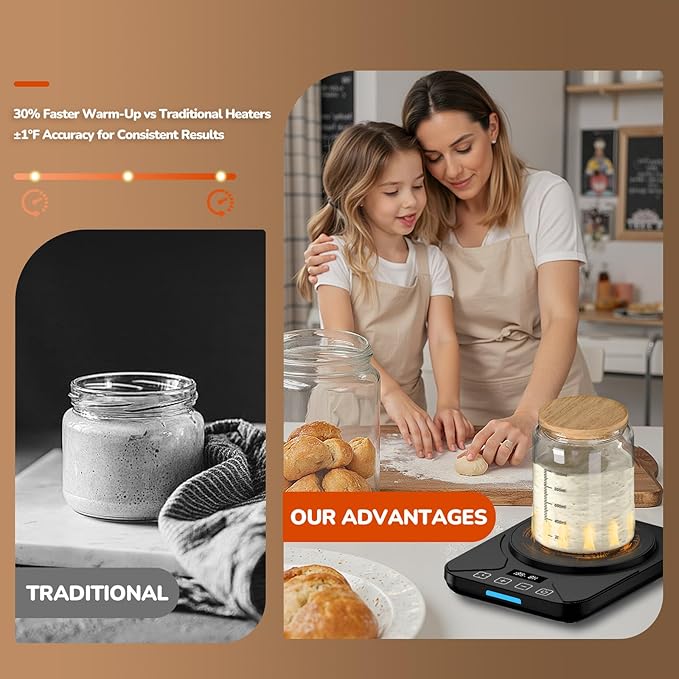 Sourdough Starter Warmer Mat - 24H Timer - Precise 1°F Thermostat Control (70-100°F) - Smart Memory