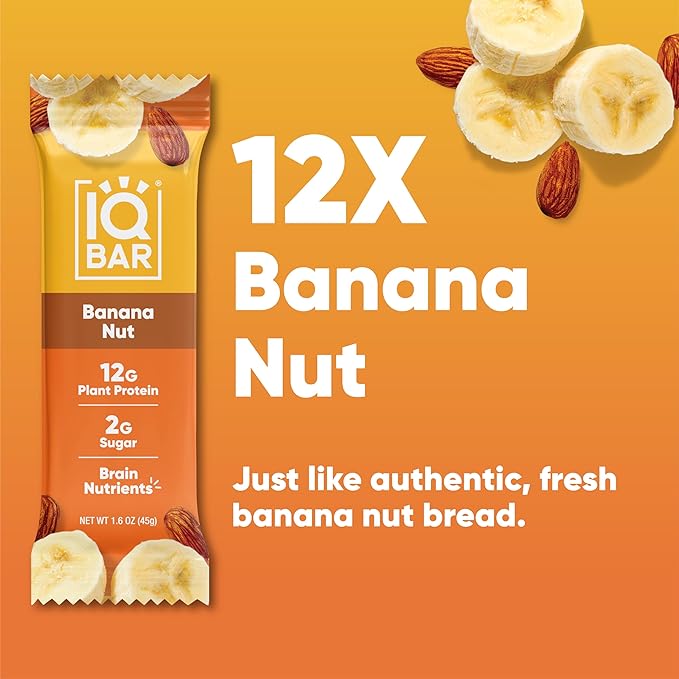 IQBAR Brain and Body Plant Protein Bars - Banana Nut - 12-Count Low Carb - Gluten Free, High Fiber
