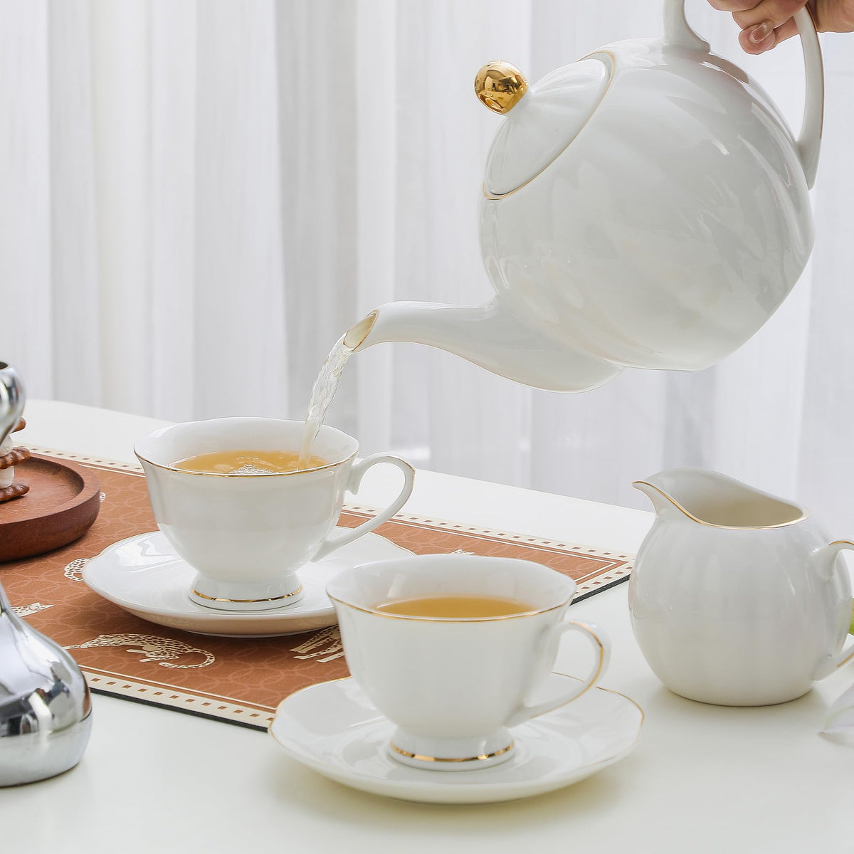 PRECITIME White Ceramic Tea Cup and Saucer Set of 8 (16-Piece) - 6oz Elegant Porcelain Cups with