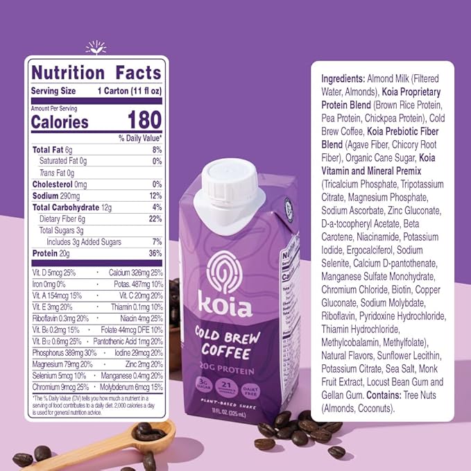 Koia Plant Based Protein Shake, Cold Brew Coffee, 20g Protein, 3g Sugar, 6g Prebiotic Fiber, 21