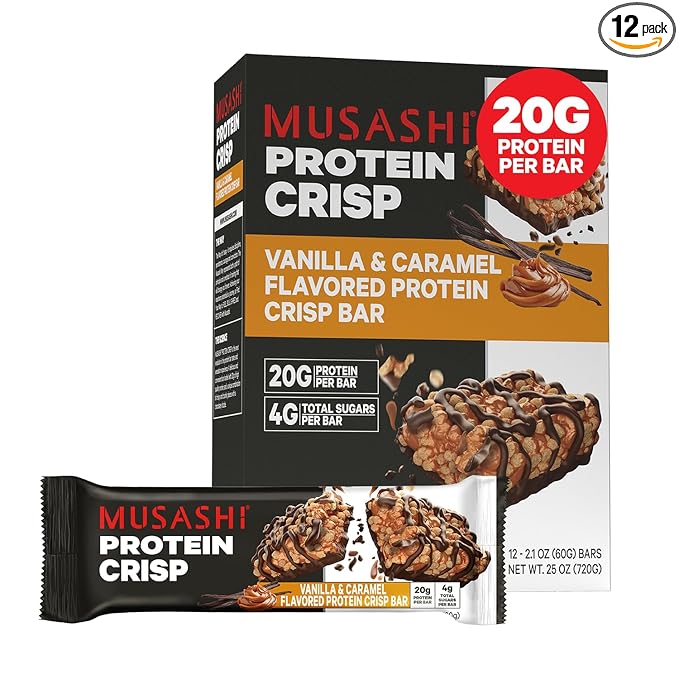 MUSASHI Protein Crisp Bar, 20g Protein, 4g Total Sugars, Vanilla & Caramel, Post Workout and Snack