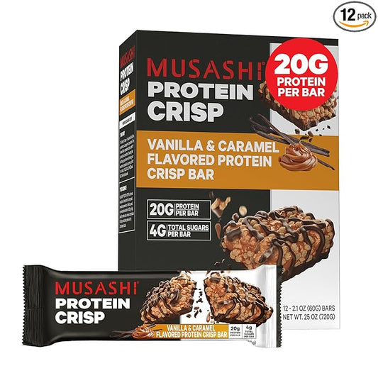 MUSASHI Protein Crisp Bar, 20g Protein, 4g Total Sugars, Vanilla & Caramel, Post Workout and Snack