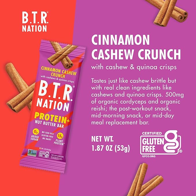 B.T.R. Nation Vegan Keto Plant Based High Protein & High Fiber Bars - Cinnamon Cashew Crunch