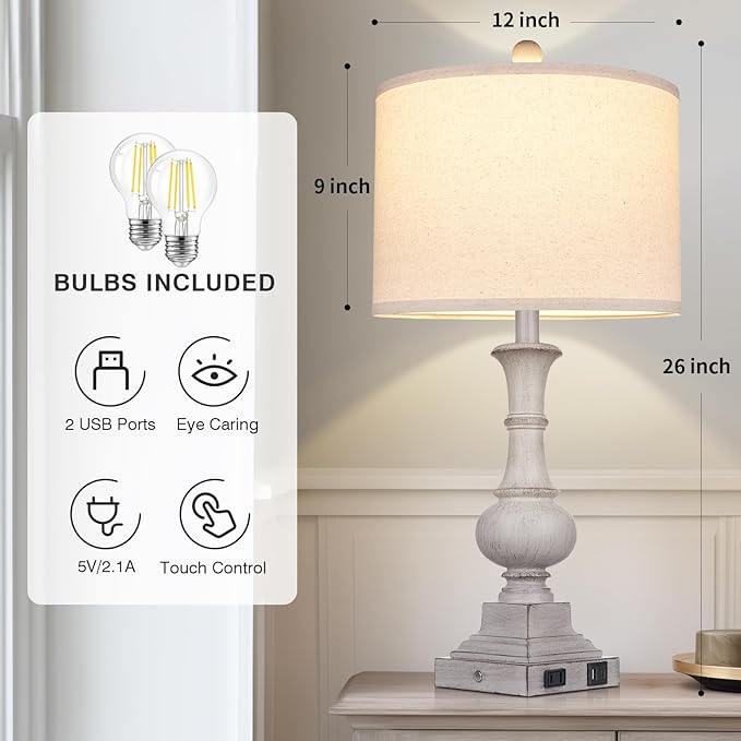 26" Farmhouse Lamp with 2 USB Ports & AC Outlet, Vintage Rustic Touch Control Bedside Lamp, Resin