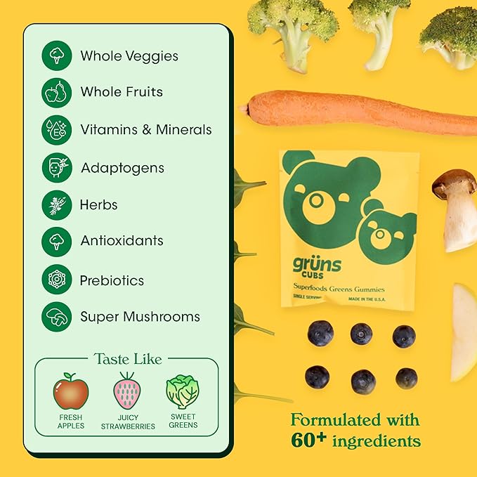 Gruns Kids Vitamins, Super Greens Gummies - Superfood Gummy Bears with Spirulina, Chlorella, 20+