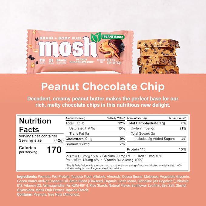 MOSH Peanut Chocolate Chip Vegan Protein Bars, Plant Based, Keto, Gluten Free, Brain Healthy Snack