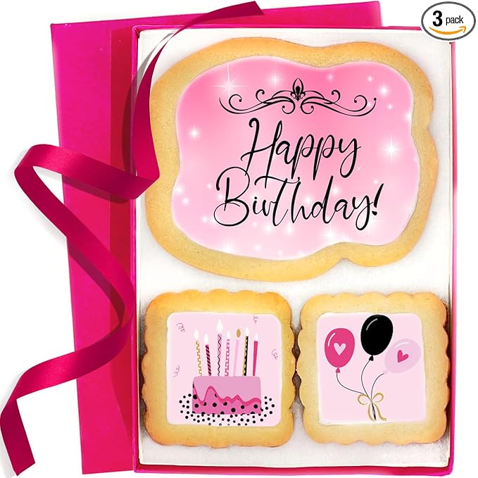 Happy Birthday Cookies 3 pack for Women Girls Teens Gift Basket For Her Mom | Pink Cookie Treats
