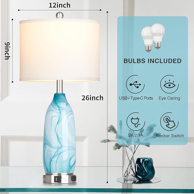 26" Coastal Table Lamps Set of 2, Modern Table Lamps with USB A+C Ports & AC Outlet, Touch Control