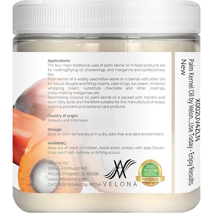 velona USDA Certified Organic Palm Kernel Oil - 8 Fl Oz | 100% Pure and Natural Carrier Oil |