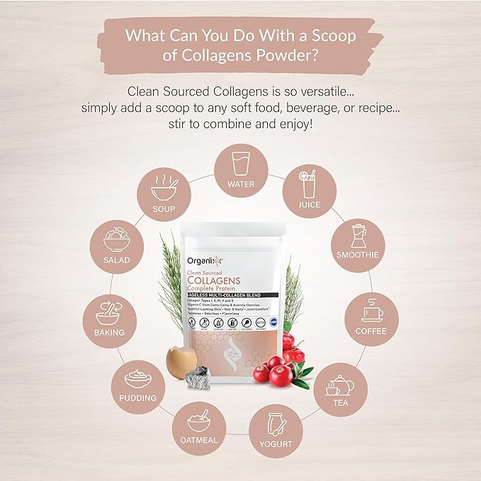 Organixx Collagen Peptides Powder with Vitamin C, Types I, II, III, V, X Hydrolyzed Collagen, Hair