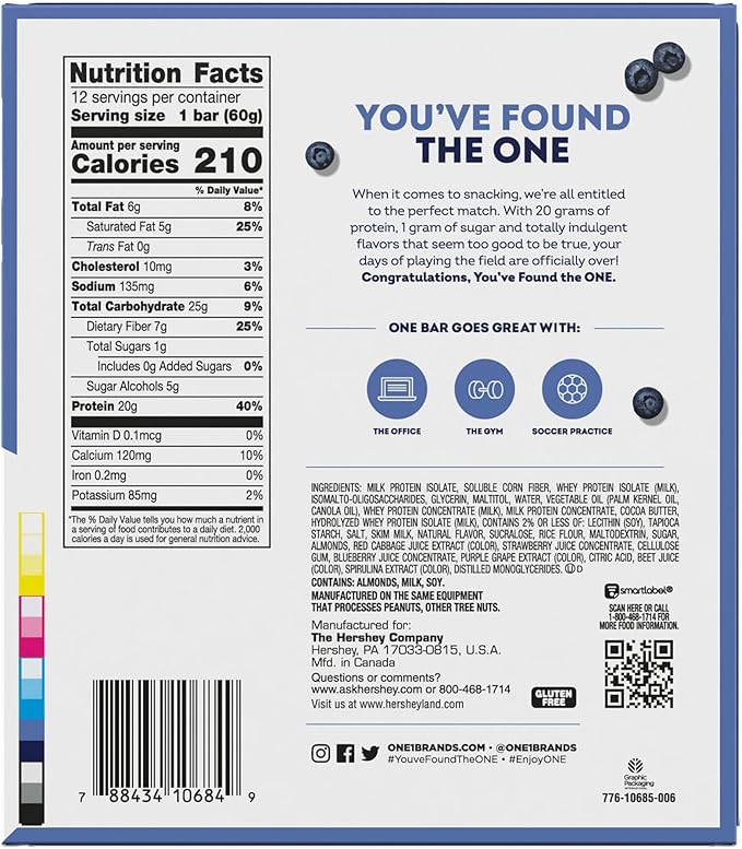 ONE Protein Bars, Blueberry Cobbler, Gluten Free with 20g Protein and 1g Sugar, Pantry Staples