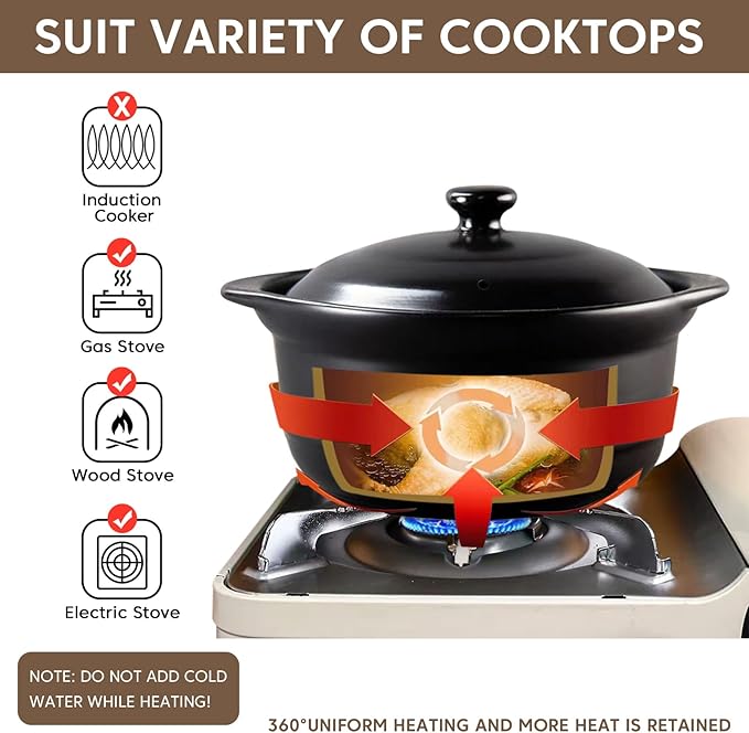 Ceramic Pots with Lid Cookware StockPot Clay Pot for Cooking (Black, 1.9 Quart)