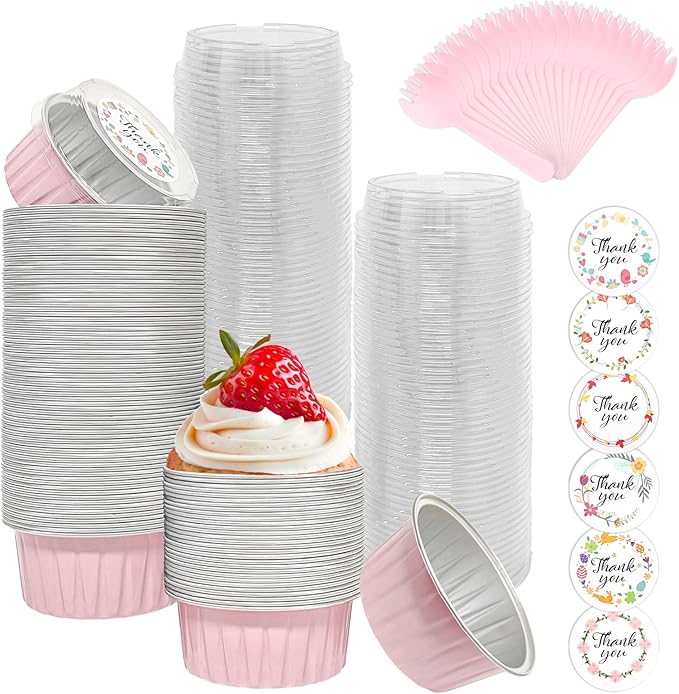 100 Pack Aluminum Foil Cuapcake Baking Cups w Lids Spoons and Stickers for Witch Pink Birthday