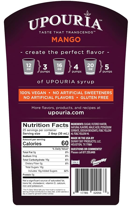 Upouria Mango Syrup Flavoring, 100% Vegan, Gluten-Free, Kosher, 750ml bottle (Pack of 2) with 1