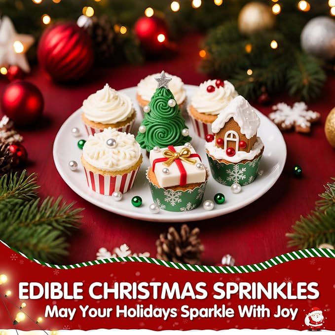 Christmas Sprinkles Pearls for Cake Decorating,130g Red Green White and Silver Pearl Mixed,Edible