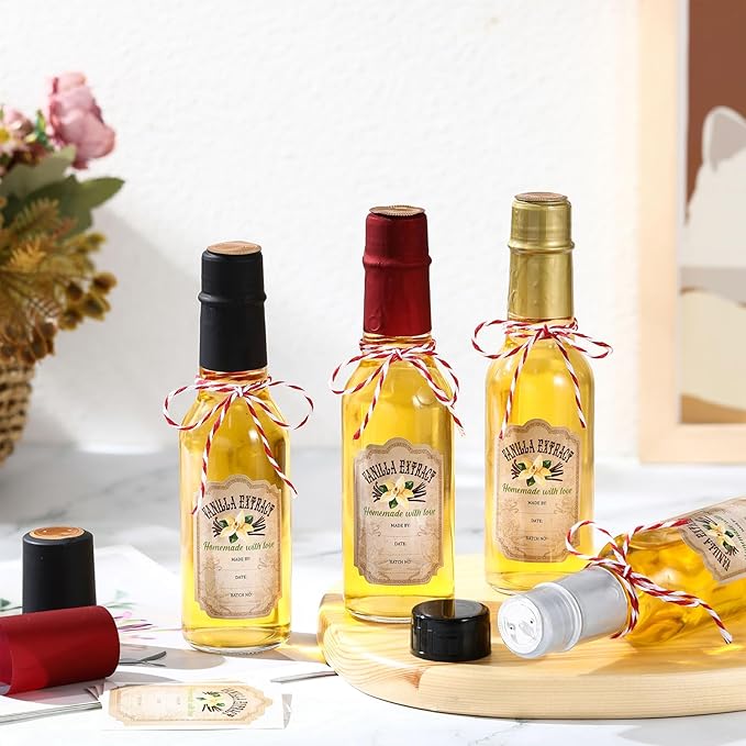 Tioncy 16 Pcs Vanilla Extract Bottles for Homemade Vanilla Jar Glass Bottle with Cap, Shrink Band
