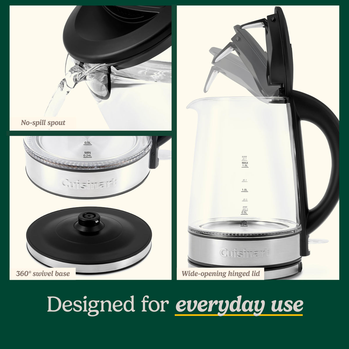 Cuisinart 1.5L Glass Kettle, Illumination, BPA-Free, Easy-Pour Nondrip Spout, Hinged Lid Opening