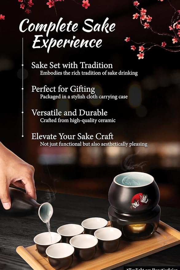 Japanese Sake Cup Set with 6 Ceramic Cups, 1 Ceramic Sake Bottle, 1 Ceramic Sake Warmer, Bamboo
