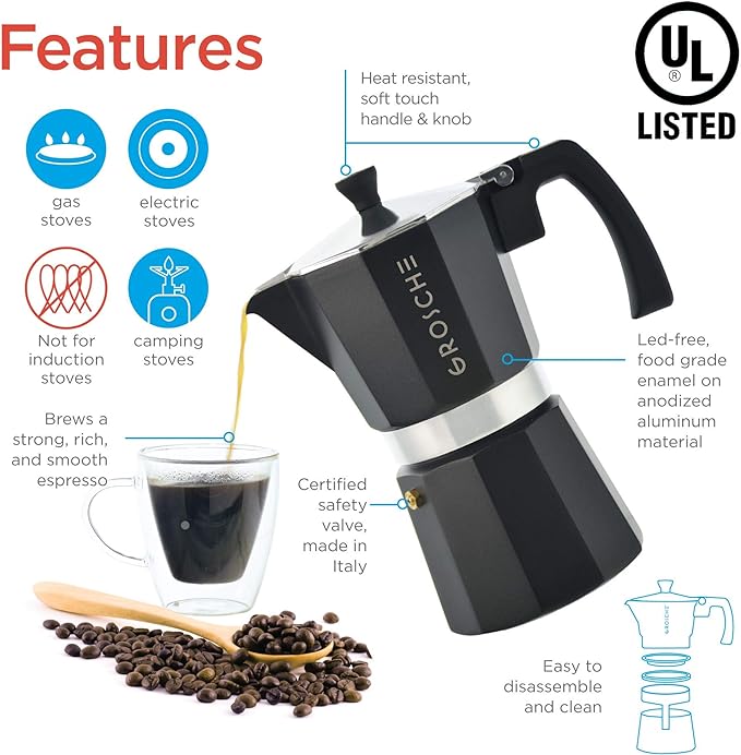 GROSCHE Milano Stovetop Espresso Maker Moka pot 12 espresso Cup - 23.6 fl oz, Black, Cuban Coffee