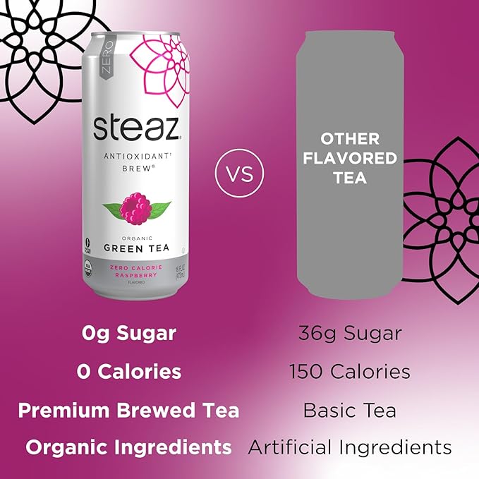 Steaz - Organic Green Tea - Zero Calorie Raspberry (12 Pack) - Antioxidant Brew - 65mg Natural