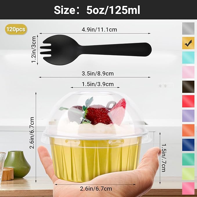 EUSOAR Gold Cupcake Liners with Individually Wrapped Sporks, 120pcs 5oz Disposable Foil Creme
