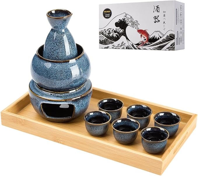 DUJUST 10 pcs Japanese Sake Set with Warmer for 6, Kiln Altered Glaze Porcelain Sake Set, 6 Sake
