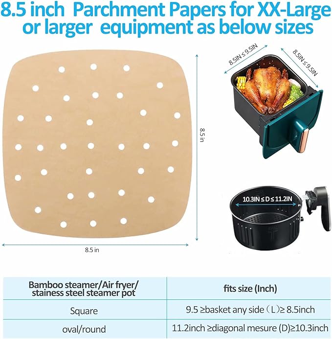 Air Fryer Parchment Paper Liners: 200PCS 8.5 inch Square Perforated parchment paper for Air Fryer