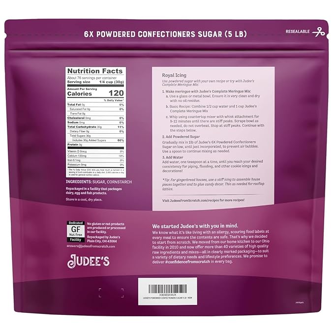 Judee?™s 6X Powdered Confectioners Sugar 5 lb - 100% Non-GMO, Gluten-Free, and Nut-Free - 6X Size
