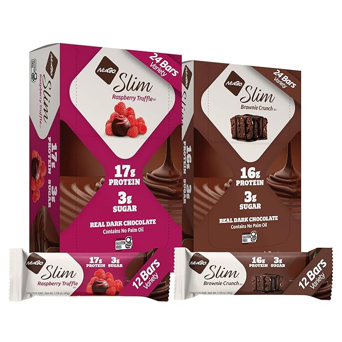 NuGo Slim Variety - Brownie Crunch 12 Bars & Raspberry Truffle 12 Bars, Low Net Carb, Keto