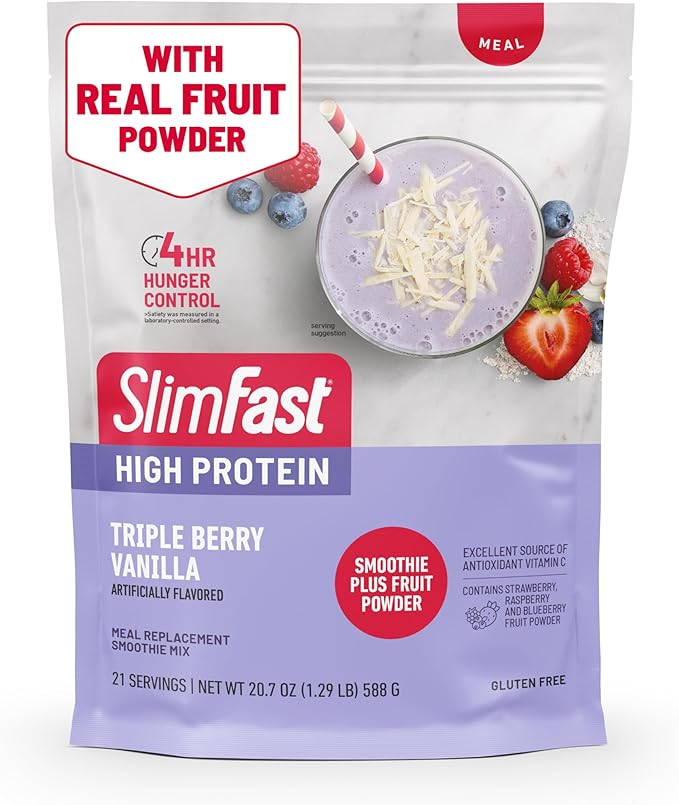 SlimFast High Protein Smoothie Mix Plus Fruit Powder, High Protein Meal Replacement Powder, Fiber