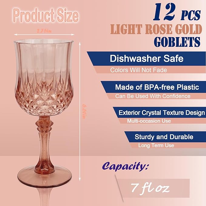 12 PCS Rose Gold Plastic Wine Glasses，Cordial Glasses，Goblets，Can be Used for Weddings, Everyday