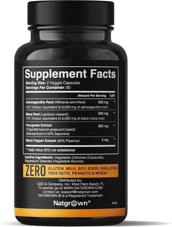 Natgrown Ashwagandha Maca Root Fenugreek Extract Capsules Supplement for Men & Women - Vegan Pills